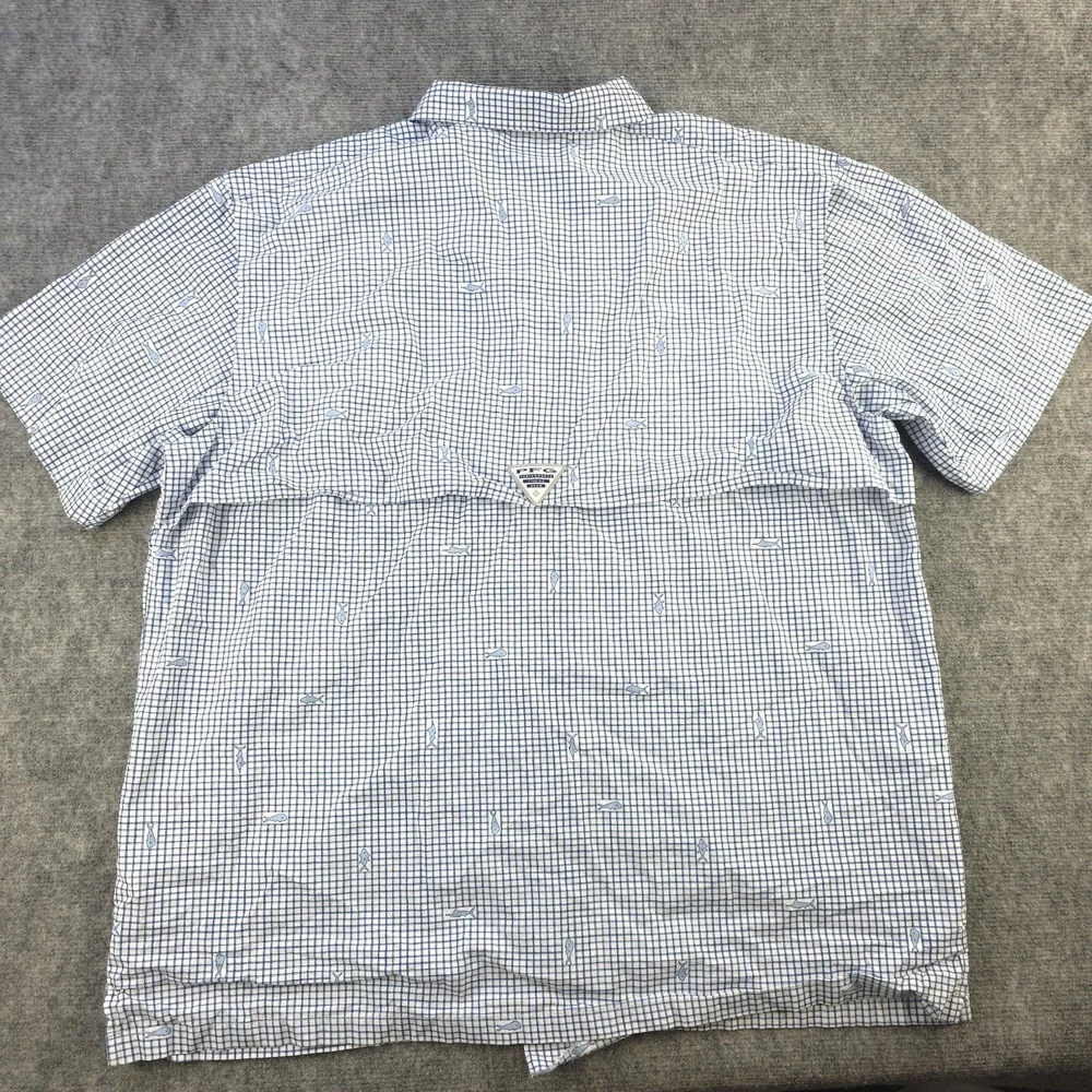 Columbia Pfg Shirt XL Shark Print Blue Check Vented Short Sleeve Fishing Button - Picture 7 of 8